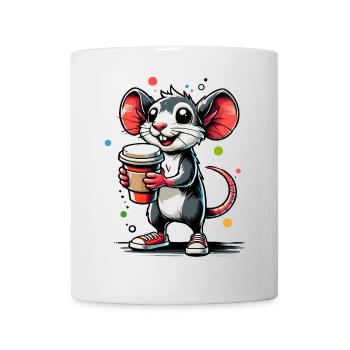 Cartoon einer fröhlichen Maus mit Kaffee - Tasse - Weiß - Vorne