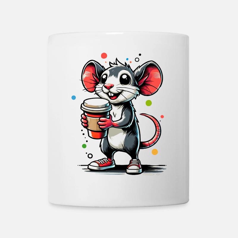 Cartoon einer fröhlichen Maus mit Kaffee - Tasse - Weiß
