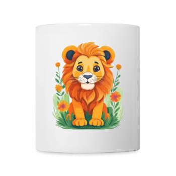 Niedlicher Löwe auf einer Wiese mit Blumen - Tasse - Weiß - Vorne