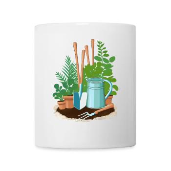 Utensilien eines Gärtners: Schaufel, Harke, ect - Tasse - Weiß - Vorne