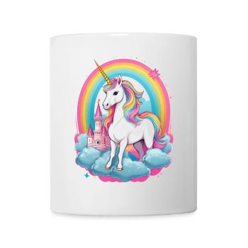 Einhorn mit Regenbogen, Wolken und rosa Schloss - Tasse - Weiß - Vorne