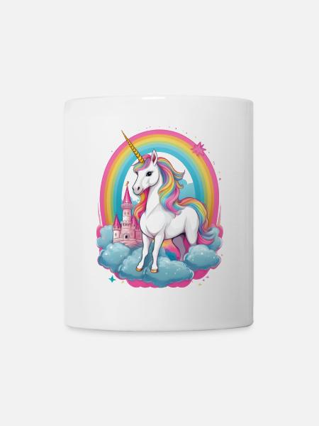 Licorne avec arc-en-ciel, nuages et château rose - Mug blanc - blanc