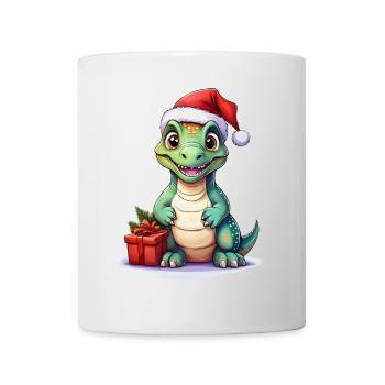 Dinosaur celebrates Christmas with gift - Mug - white - Front