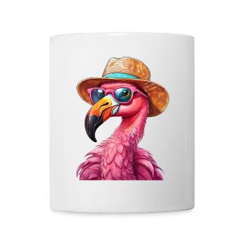Flamant rose avec lunettes de soleil et chapeau de paille en été - Mug blanc - blanc - Devant