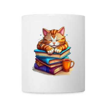 Süßer Kater, der auf einem Stapel Bücher schläft - Tasse - Weiß - Vorne
