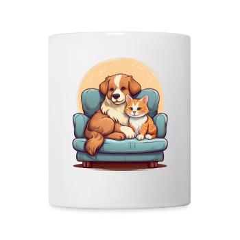 Chien et chat assis ensemble sur le canapé - Mug blanc - blanc - Devant