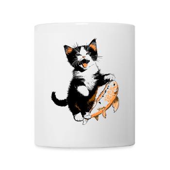 Chaton avec Big Salmon – Kitty with Fish - Mug blanc - blanc - Devant