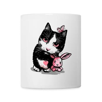 Chat avec lapin en peluche et papillon - Mug blanc - blanc - Devant