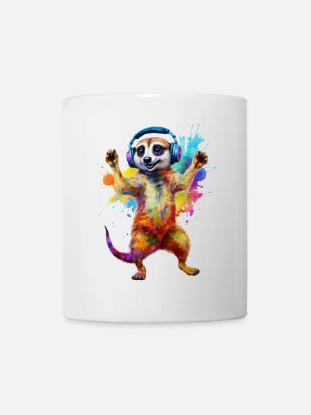 Ein Erdmännchen mit Kopfhörern das zur Musik tanzt - Tasse - Weiß