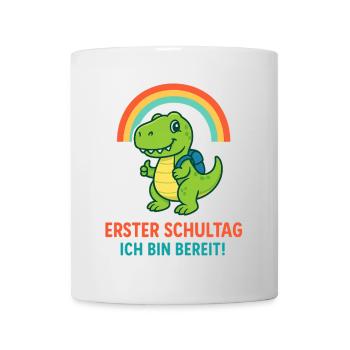 Erster Schultag | Dino mit Ranzen & Regenbogen - Tasse - Weiß - Vorne