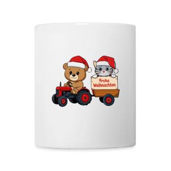 Teddy als Weihnachtsmann mit Traktor und Kätzchen - Tasse - Weiß - Vorne