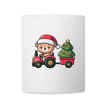 Teddy als Weihnachtsmann mit Traktor und Hänger - Tasse - Weiß - Vorne