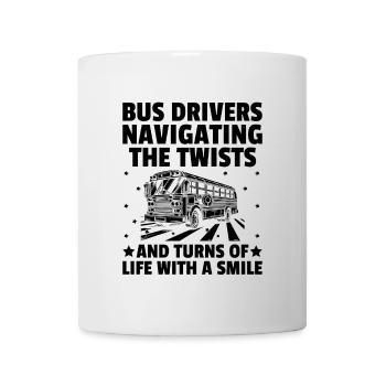 Busfahrer, die durch die Kurven und Kurven des - Tasse - Weiß - Vorne