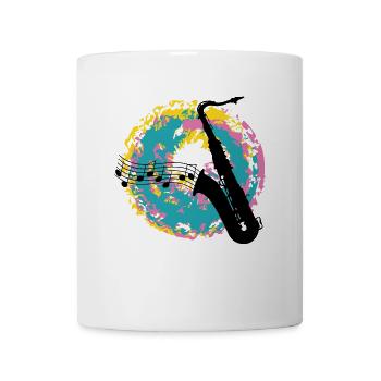 Saxofon auf Farbklecksen - Tasse - Weiß - Vorne
