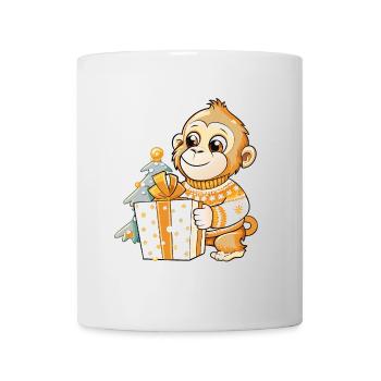 Cute monkey unwrapping gift - Mug - white - Front
