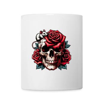 Skull with red roses, rose tendrils and mouse - Mug - white - Front