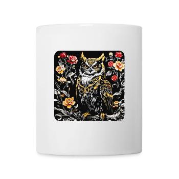 Hibou avec des vrilles de pétales de rose en aspect gravure sur bois - Mug blanc - blanc - Devant