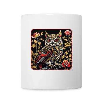 Hibou avec des vrilles de pétales de rose en aspect gravure sur bois - Mug blanc - blanc - Devant