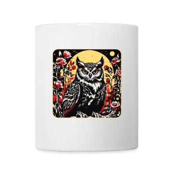 Hibou avec des vrilles de pétales de rose en aspect gravure sur bois - Mug blanc - blanc - Devant
