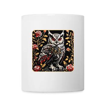 Hibou avec des vrilles de pétales de rose en aspect gravure sur bois - Mug blanc - blanc - Devant