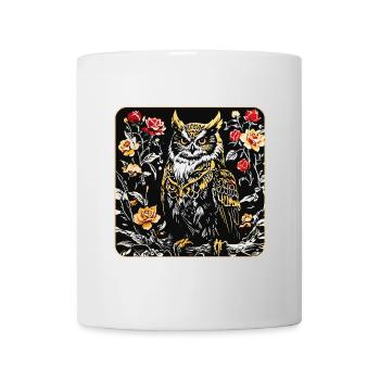 Hibou avec pétales de rose en aspect gravure sur bois - Mug blanc - blanc - Devant