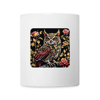 Hibou avec des vrilles de pétales de rose en aspect gravure sur bois - Mug blanc - blanc - Devant