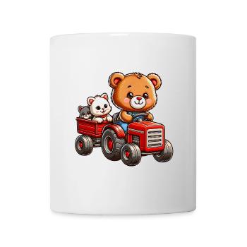 Ours en peluche et chaton conduisant un tracteur avec remorque - Mug blanc - blanc - Devant