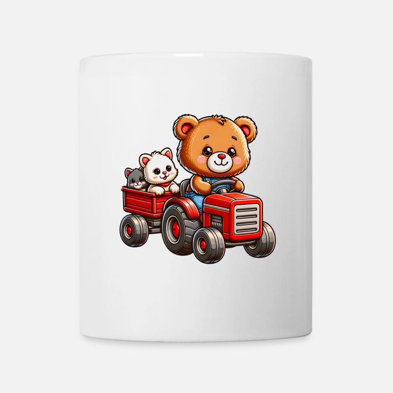 Teddybär und Kätzchen fahren Traktor mit Anhänger - Tasse - Weiß