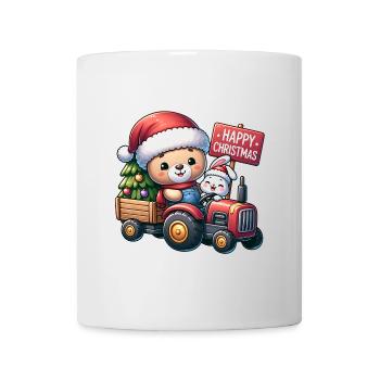 Teddy als Weihnachtsmann mit Traktor und Häschen - Tasse - Weiß - Vorne
