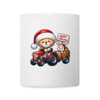 Christmas teddy bear and cute bunny in tractor - Mug - white - Front