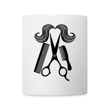 Für Friseursalon mit Schere, zwei Kämmen und einem Schnurrbart - Tasse - Weiß - Vorne