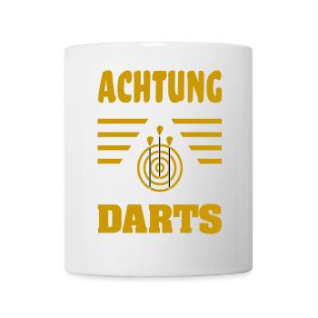 Achtung Darts Motiv mit Dartboard und Dartpfeilen - Tasse - Weiß - Vorne