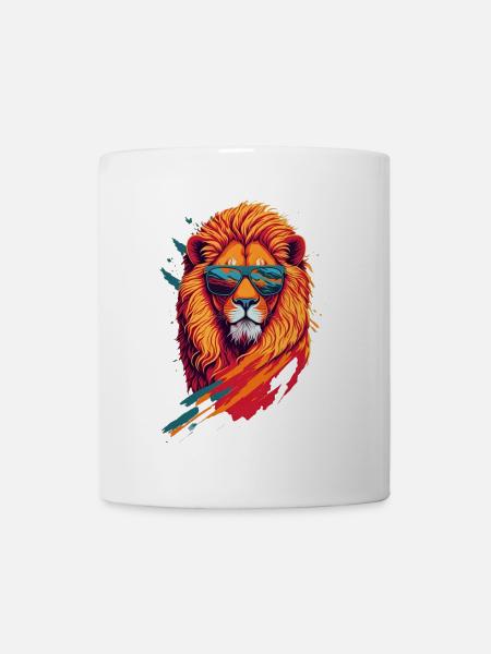 Roaring Retro: Aggressive Lion T-Shirt Art - Mug - white