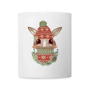 brown rabbit with sweater, bobble hat & wreath - Mug - white - Front