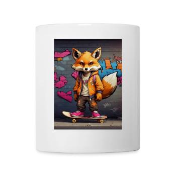 Urbaner Fuchs auf Skateboard im Graffiti-Stil - Tasse - Weiß - Vorne