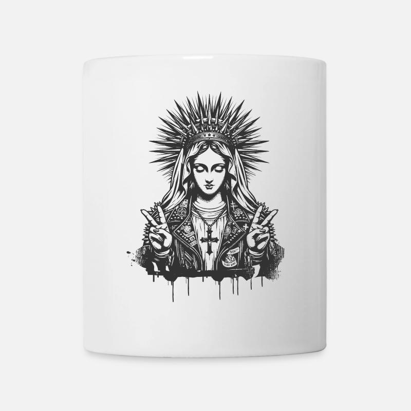 Mutter Gottes Maria als Punk mit Lederoutfit - Tasse - Weiß