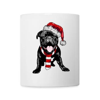 Mignon Frenchie avec chapeau et écharpe de Père Noël - Mug blanc - blanc - Devant
