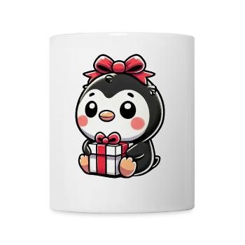 Weihnachtsmann und Pinguin mit Geschenk - Tasse - Weiß - Vorne