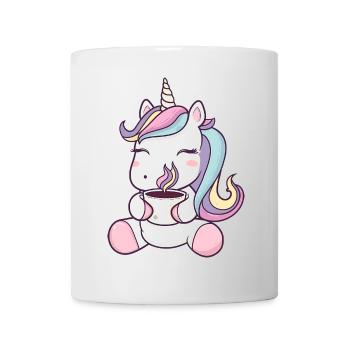 Licorne mignonne avec tasse à café - Dessin animé fantaisiste - Mug blanc - blanc - Devant