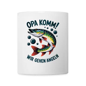 Opa komm wir gehen Angeln - springender Hecht - Tasse - Weiß - Vorne