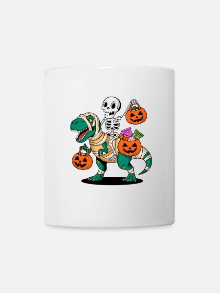 Skelett Und T-Rex Mit Kürbissen Zu Halloween - Tasse - Weiß