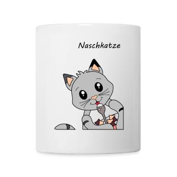 "Naschkatze" - Katze beim Frühstücken - Tasse - Weiß - Vorne