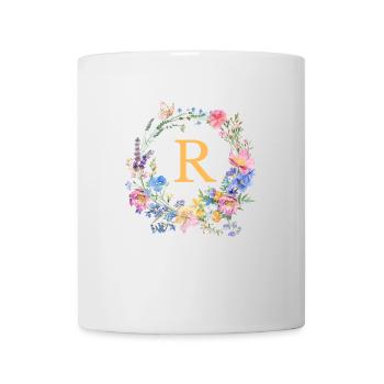 R Monogramm Floral, Blumenkranz, personalisierbar - Tasse - Weiß - Vorne