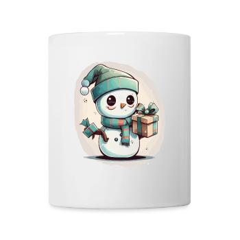 Festliches Vergnügen: Cartoon Schneemann mit Geschenk - Tasse - Weiß - Vorne