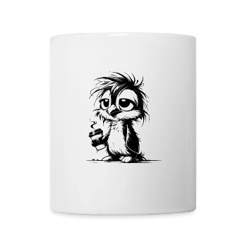 Verwuschelter müder Pinguin mit Kaffeebecher - Tasse - Weiß - Vorne