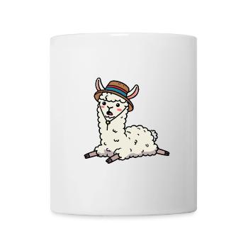 Lama bande dessinée alpaga chameau avec chapeau couché sur le sol - Mug blanc - blanc - Devant