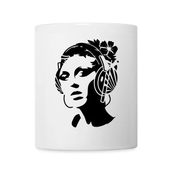 A young woman with headphones and a flower in her - Mug - white - Front