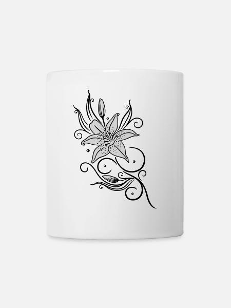 Lilies with filigree tribal ornament, floral. - Mug - white