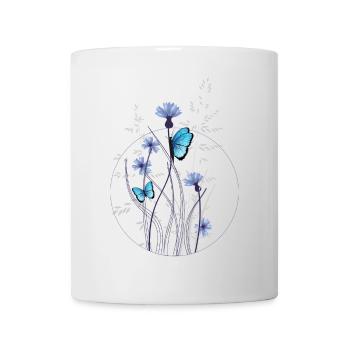 zarte Gräser,Kornblumen und Schmetterlinge - Tasse - Weiß - Vorne