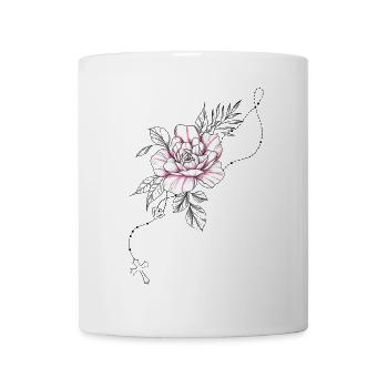 Dessin fleur rose chapelet croix et feuillage - Mug blanc - blanc - Devant